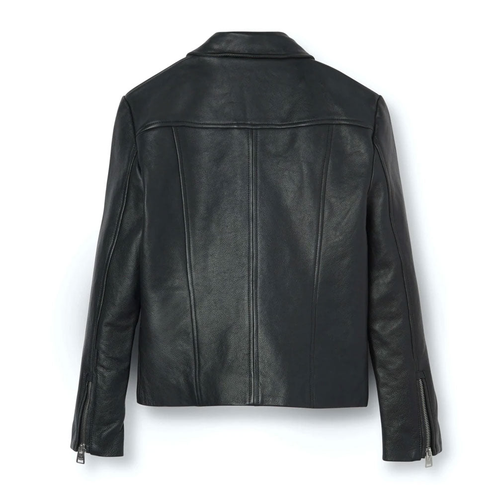 • mens black leather jacket suede collar detail
