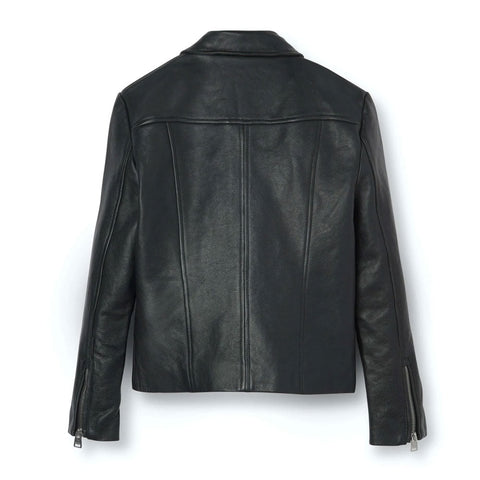 • mens black leather jacket suede collar detail
