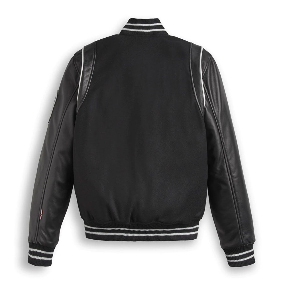 • mens varsity jacket leather sleeves detail
