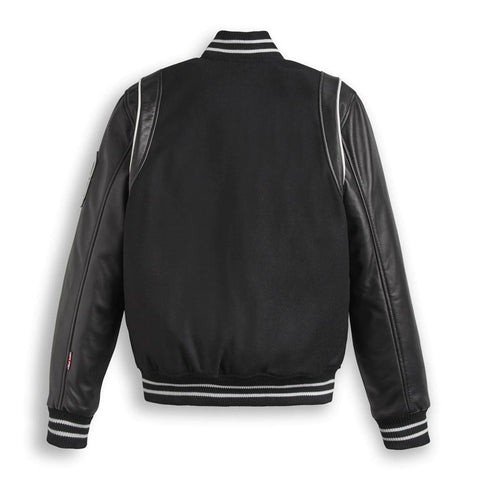 • mens varsity jacket leather sleeves detail
