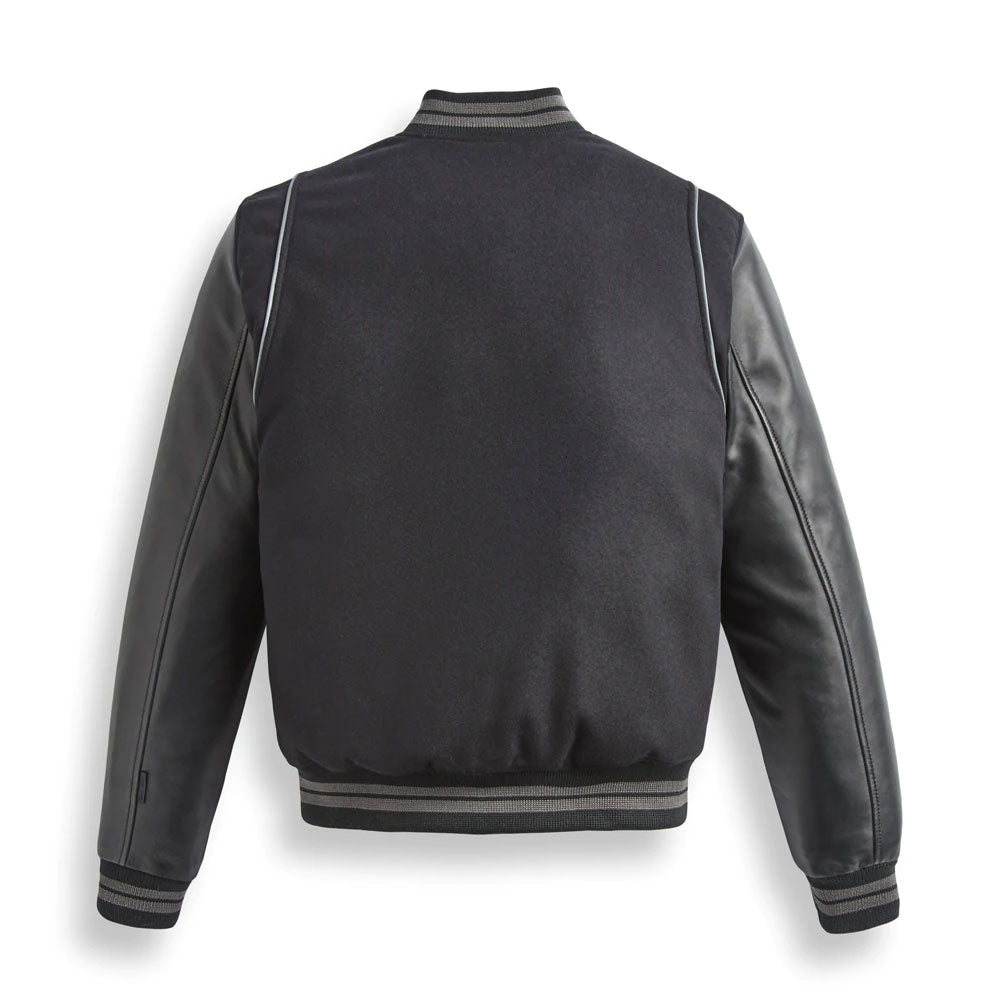 • mens varsity jacket leather sleeves detail
