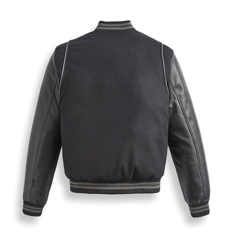• mens varsity jacket leather sleeves detail
