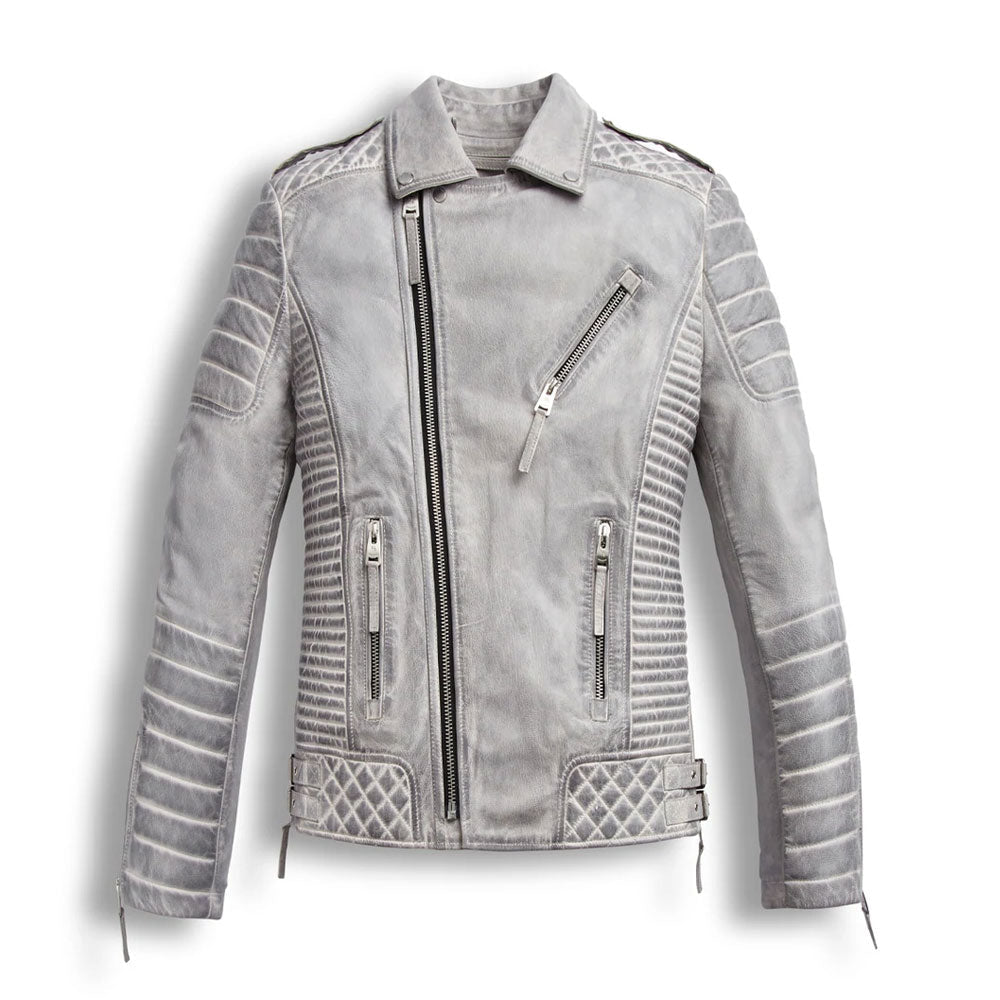 • white leather biker jacket mens front view
