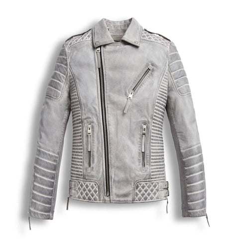 • white leather biker jacket mens front view
