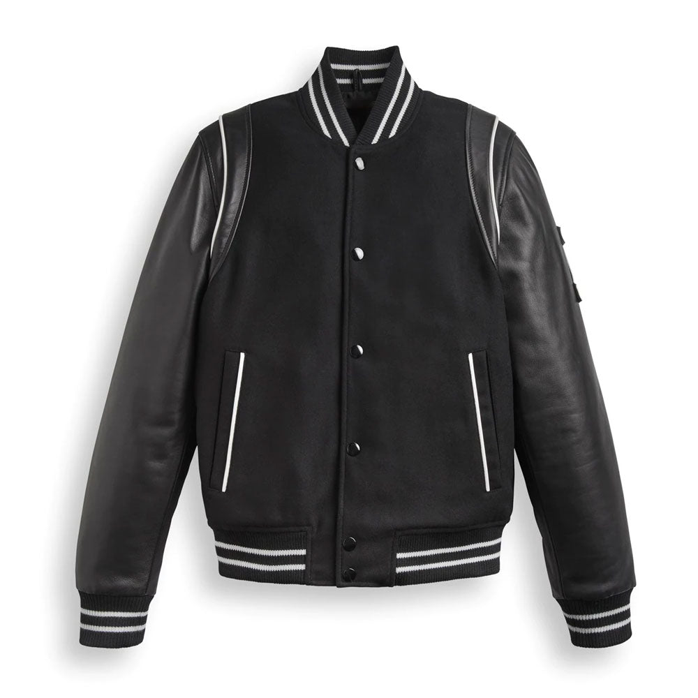 • black varsity leather jacket mens striped front view
