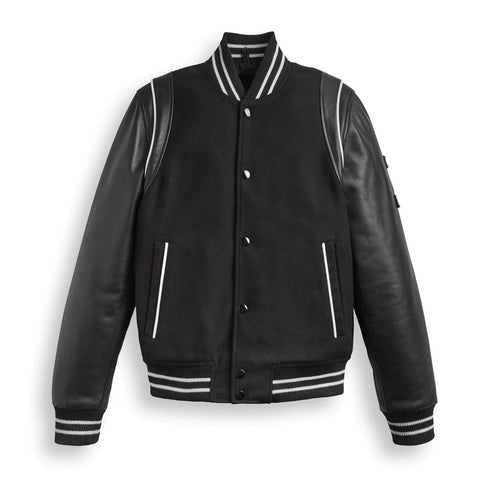 • black varsity leather jacket mens striped front view
