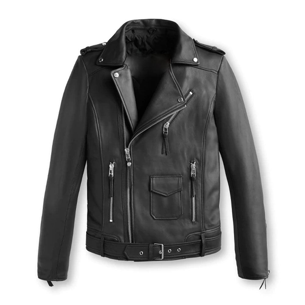 • classic biker leather jacket mens front view

