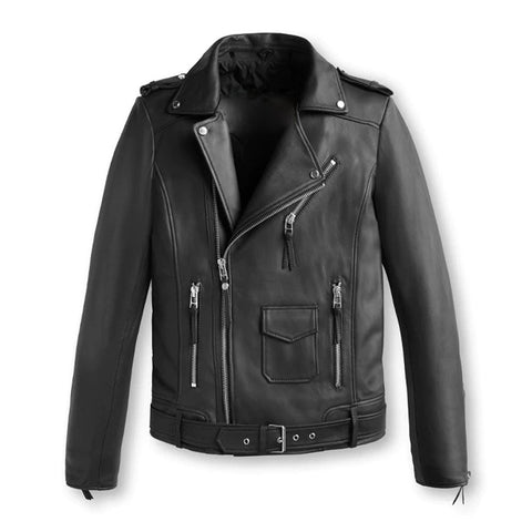 • classic biker leather jacket mens front view
