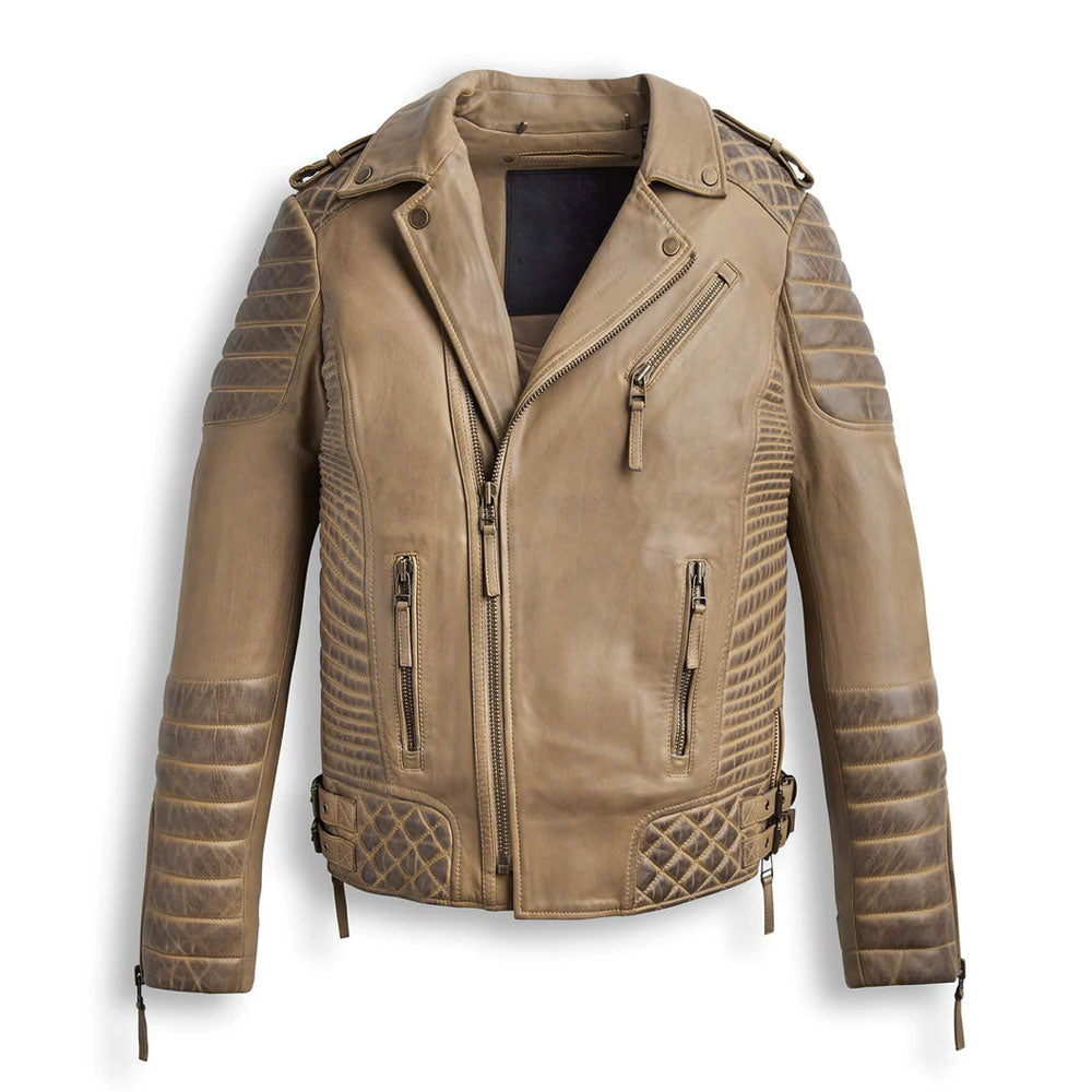• desert brown waxed biker jacket mens front view
