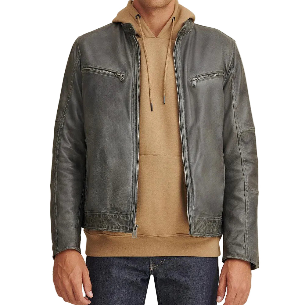 • green motorcycle leather jacket mens front view
