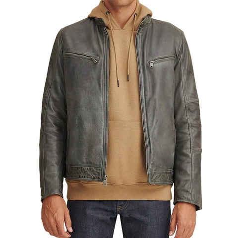 • green motorcycle leather jacket mens front view
