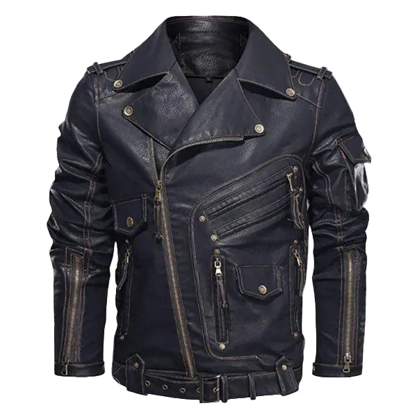 • black faux leather motorcycle jacket mens front view
