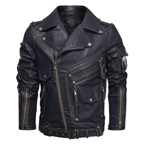 • black faux leather motorcycle jacket mens front view
