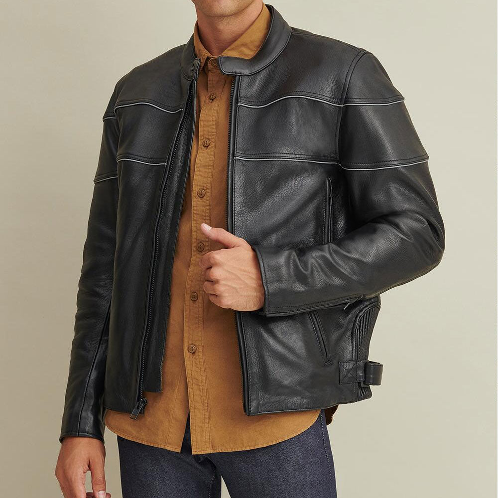 • mens leather rider jacket front view
