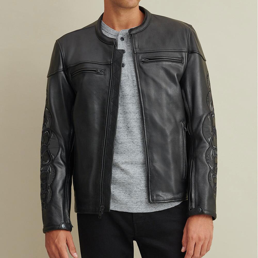 • mens genuine leather rider jacket front view
