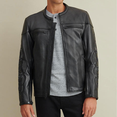 • mens genuine leather rider jacket front view
