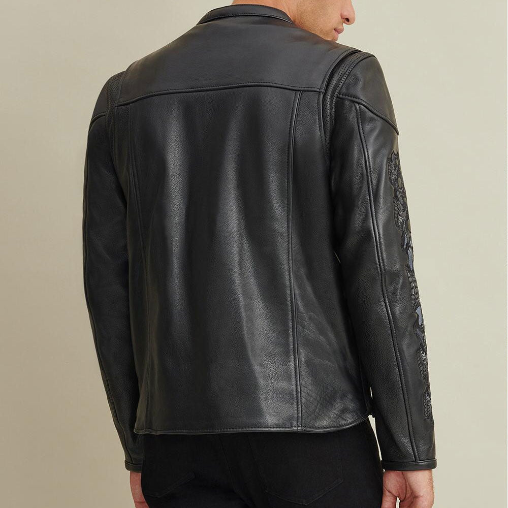 • mock collar leather jacket detail close up
