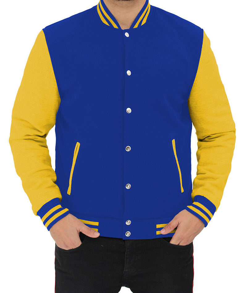 men’s blue cowhide leather varsity jacket front view