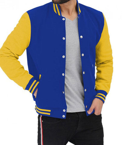 men’s blue cowhide leather varsity jacket side angle