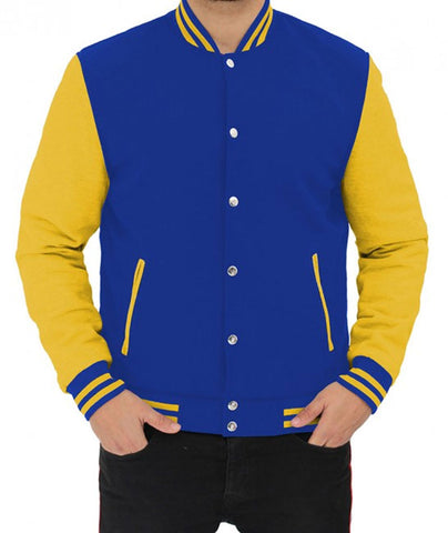 men’s blue cowhide leather varsity jacket back view