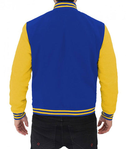 men’s blue cowhide leather varsity jacket detail view