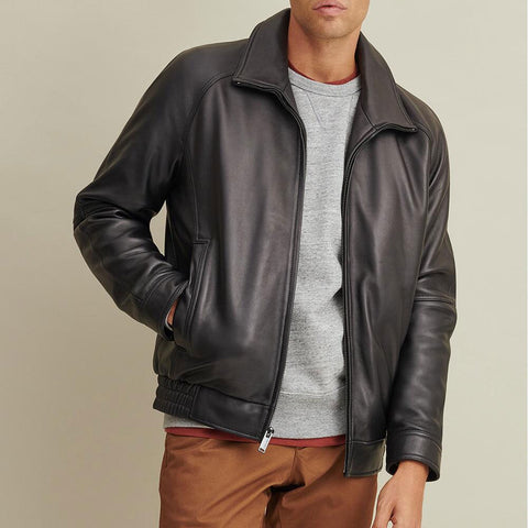 • mens lined leather bomber jacket front view
