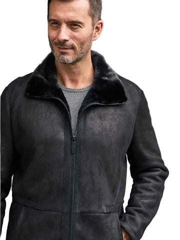 Long black winter sheepskin overcoat for men
