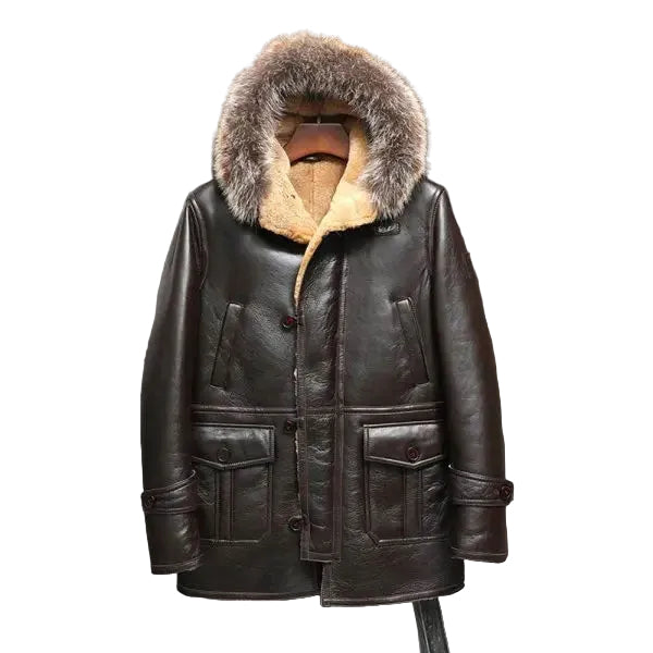 Long shearling bomber coat with wool lining for men
