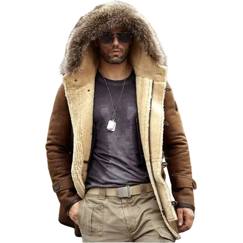 Long shearling bomber coat with wool lining for men
