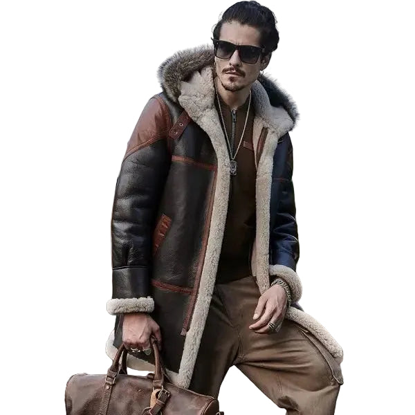 Long shearling trench coat for men with wool lining
