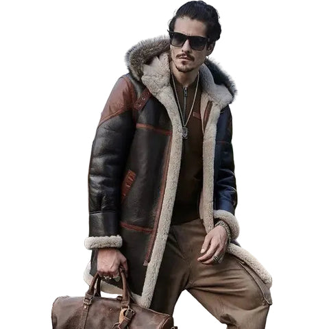 Long shearling trench coat for men with wool lining
