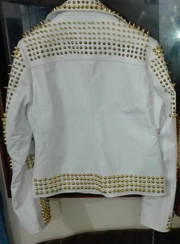 • golden stud leather jacket detail close up
