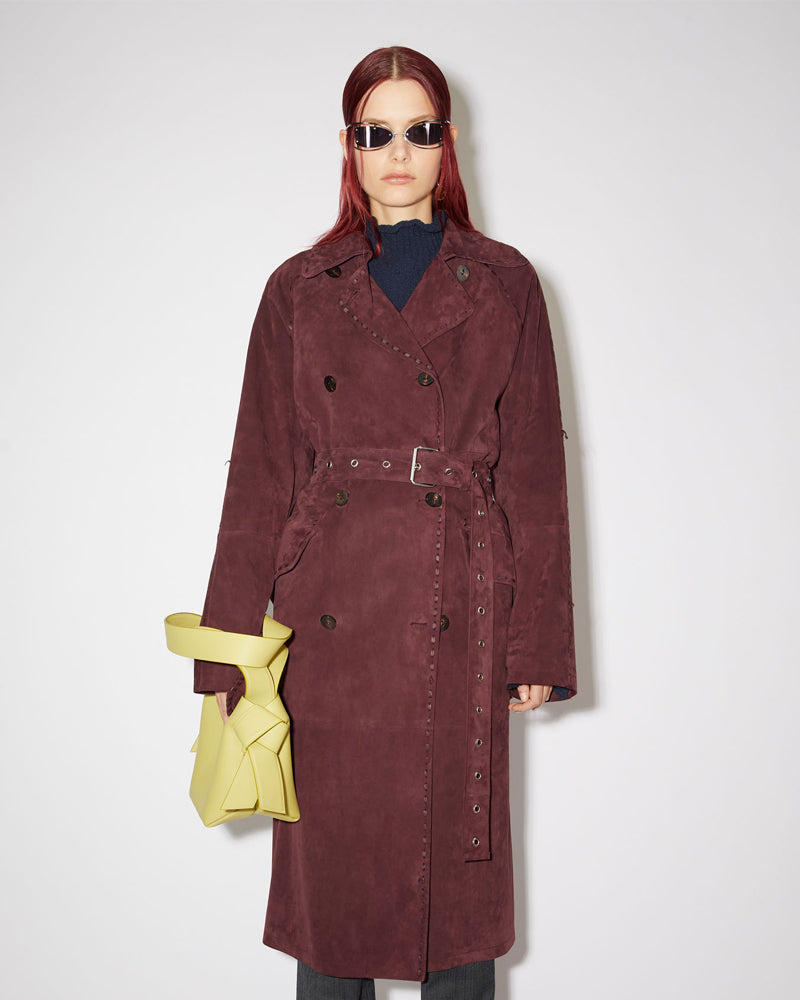 maroon suede leather long duster trench coat front view