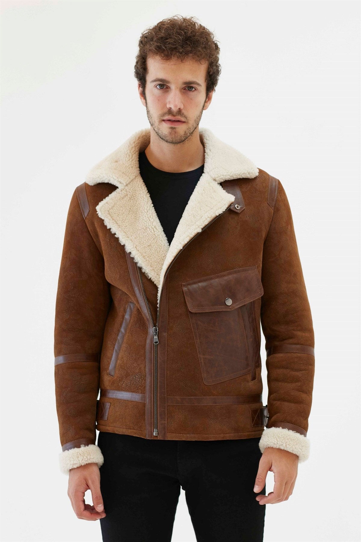 Men’s tan shearling aviator jacket