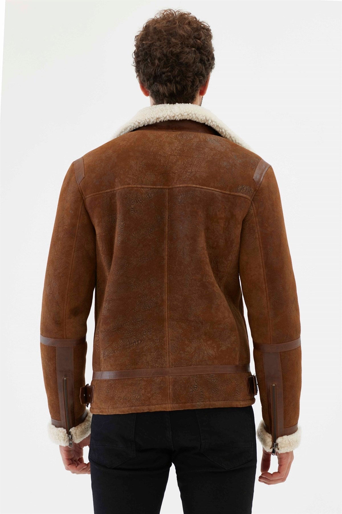 Brown leather aviator jacket with white shearling