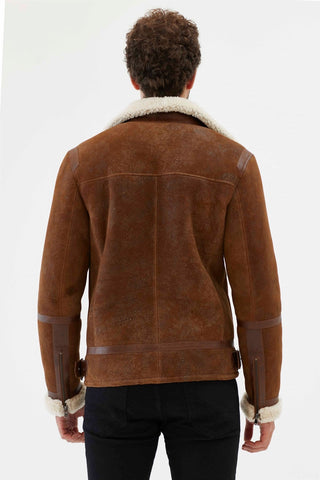 Brown leather aviator jacket with white shearling