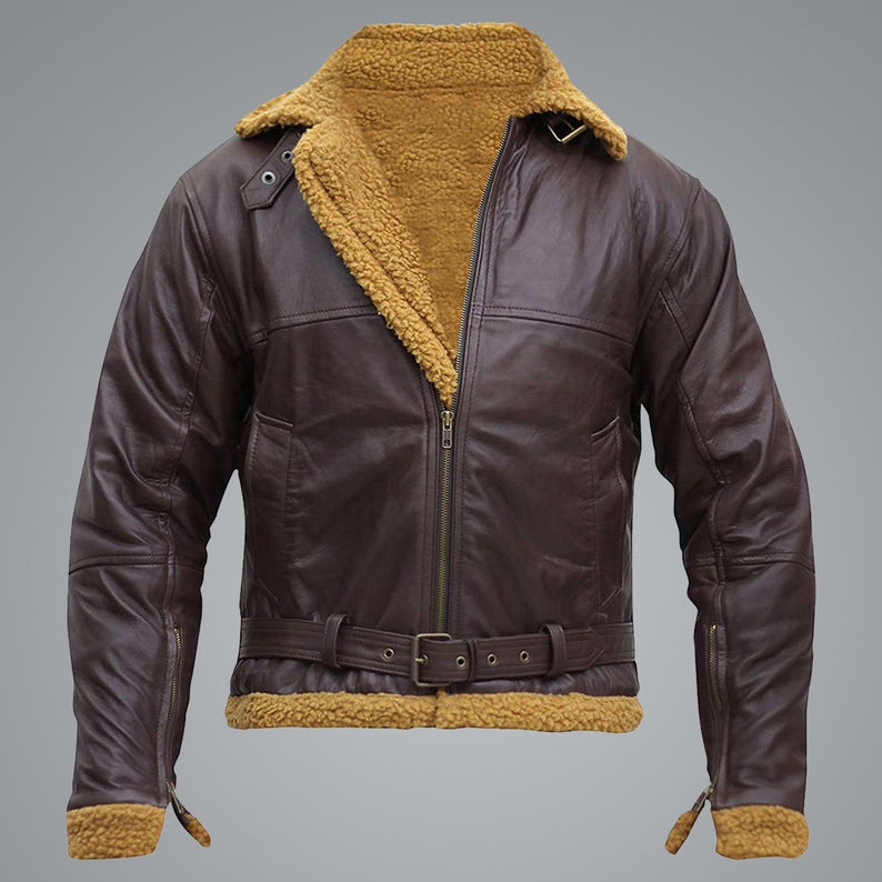 men’s sheepskin leather aviator jacket front view