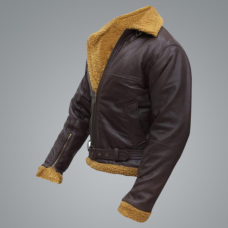 men’s sheepskin leather aviator jacket detail view