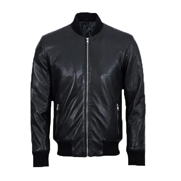 men’s black cowhide leather biker jacket front view