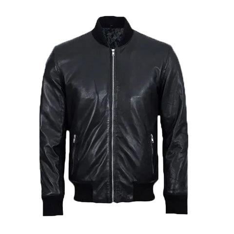 men’s black cowhide leather biker jacket front view