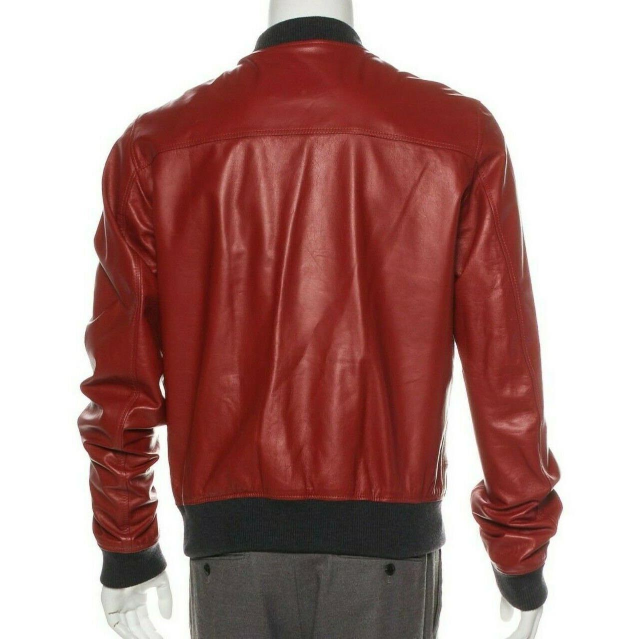 Men Fashion Lambskin Red Leather Bomber Jacket - AMSEL LEATHERS