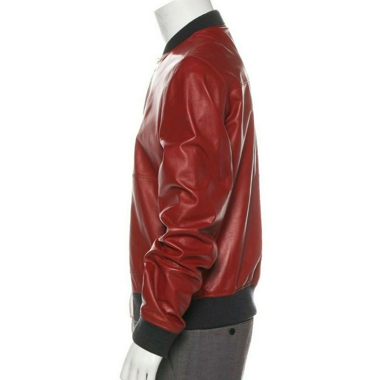 Men Fashion Lambskin Red Leather Bomber Jacket - AMSEL LEATHERS