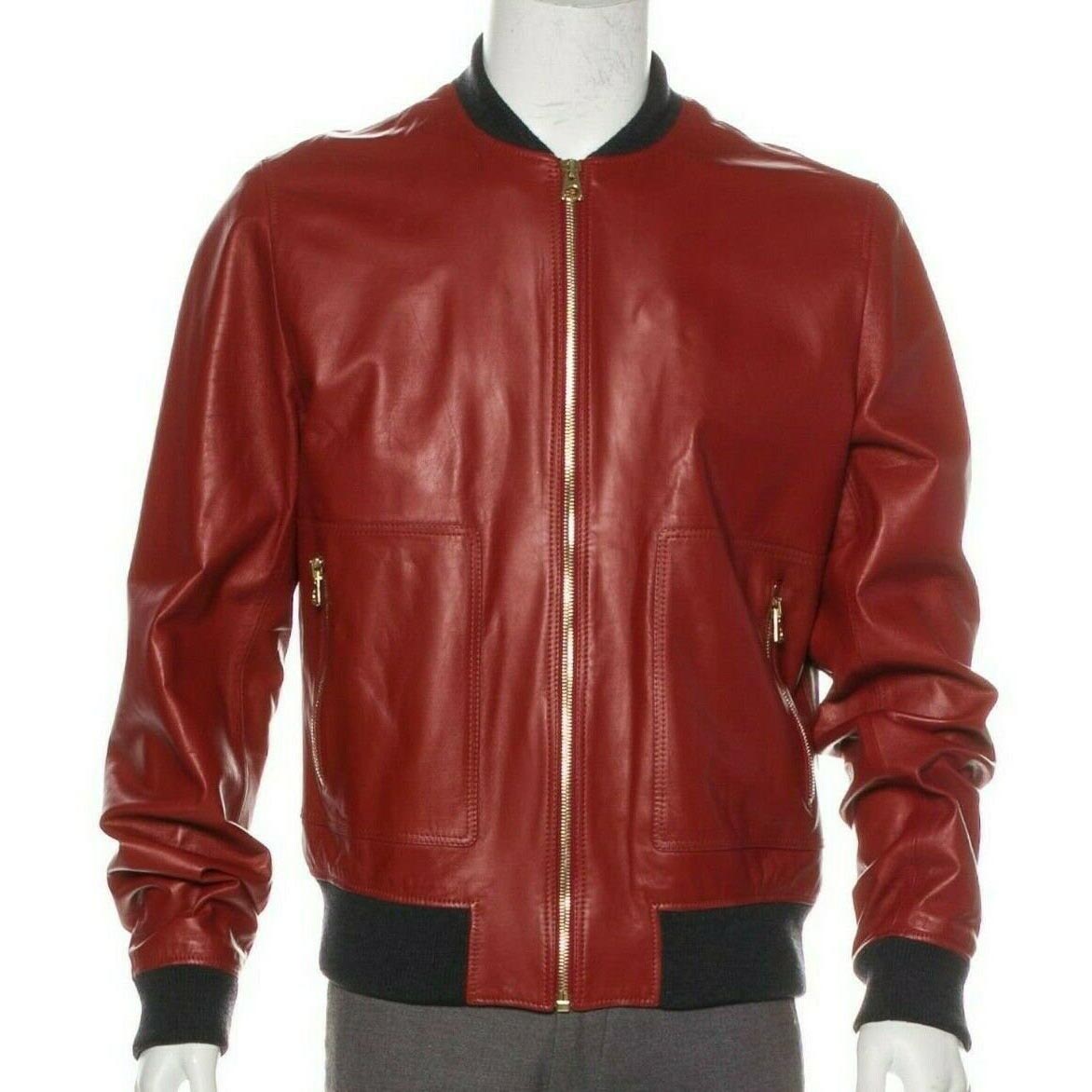 Men Fashion Lambskin Red Leather Bomber Jacket - AMSEL LEATHERS