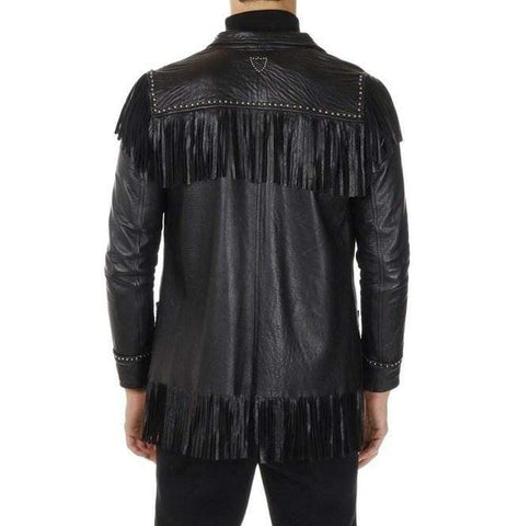 men's black fringe leather leather coat leif side angle