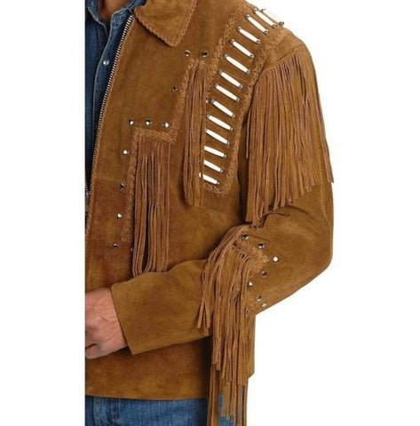men’s brown suede leather western jacket back view