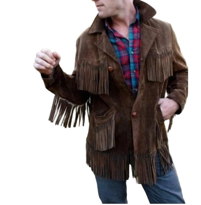 men’s dark brown suede leather western jacket front view