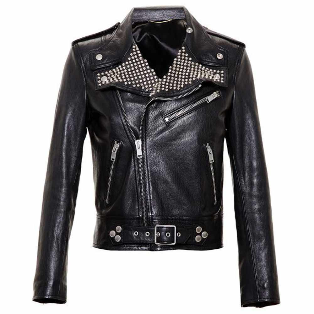 Men Black Leather Studded Brando Motorcycle Leather Jacket - AMSEL LEATHERS