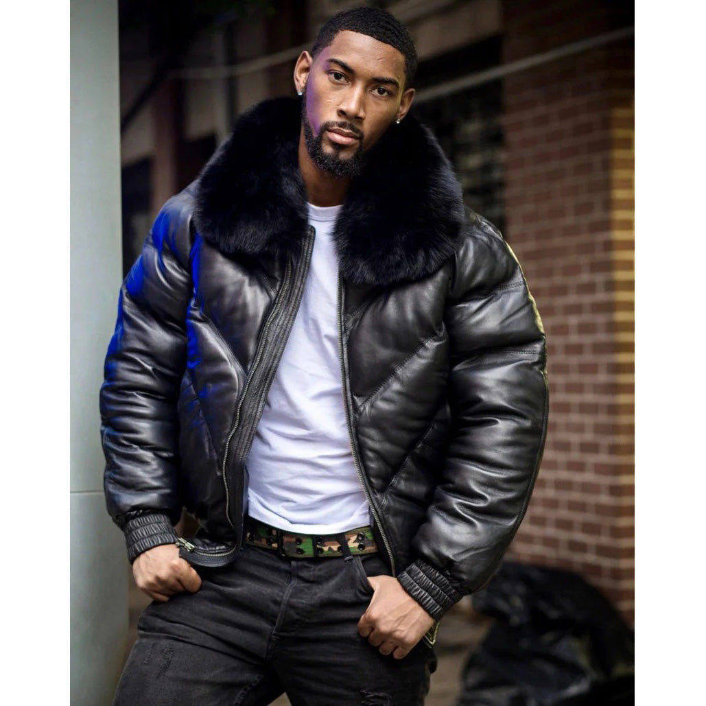 Men Black V Bomber Jacket with Black Fur Collar - AMSEL LEATHERS