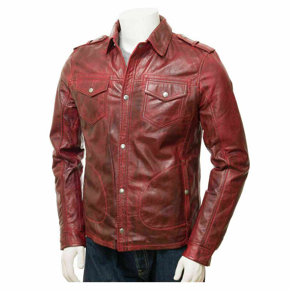 Men Distressed Red Leather Long Sleeve Biker Shirt - AMSEL LEATHERS