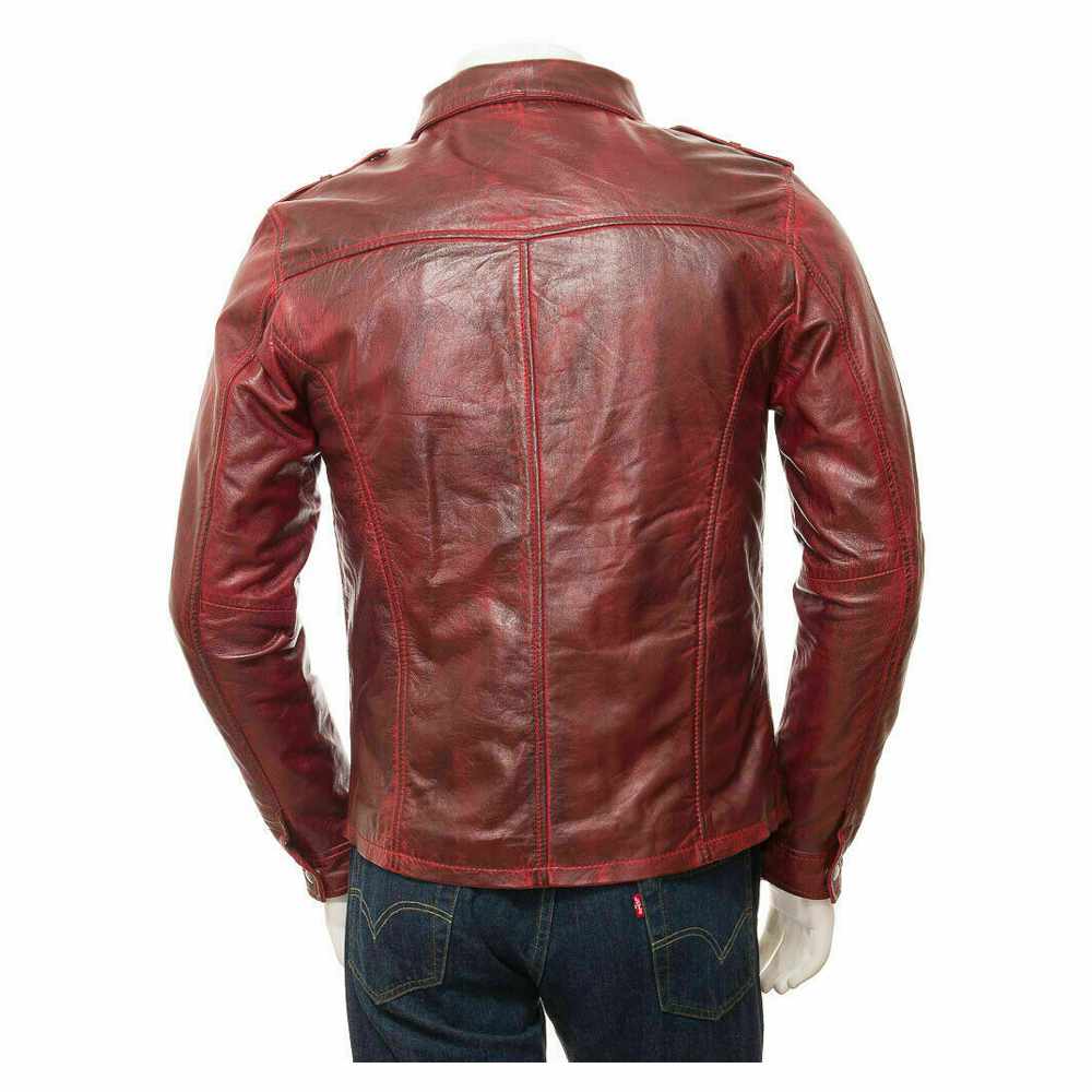 Men Distressed Red Leather Long Sleeve Biker Shirt - AMSEL LEATHERS